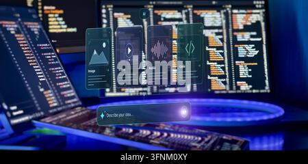 Artificial Intelligence Content Generation Workspace With Image, Video, Audio and Programming Code Tools Stock Photo