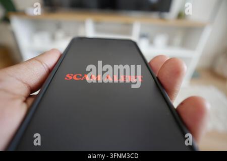 Person holds phone displaying scam alert in home setting Stock Photo