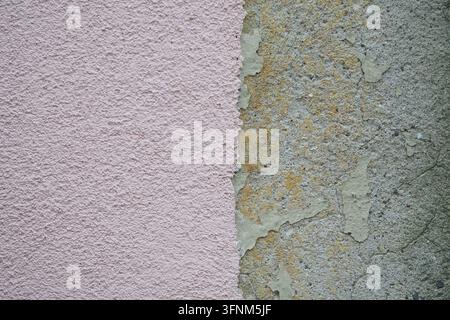 Wall with two different textures and colors showing wear and age Stock Photo