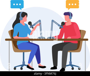 Man and woman record a podcast in the studio. The concept of a podcast, radio show, audiobook. Stock illustration. Stock Vector