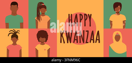 Happy Kwanzaa Horizontal banner. Template with black men and women. Vector African American holiday greeting card, celebration poster, cultural banner Stock Vector