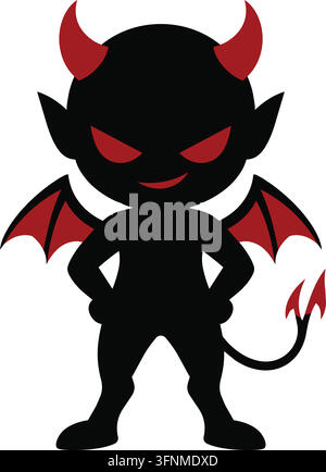 Flat illustration of a compact black devil character standing confidently with red horns small bat wings pointed ears and a curled tail Stock Vector