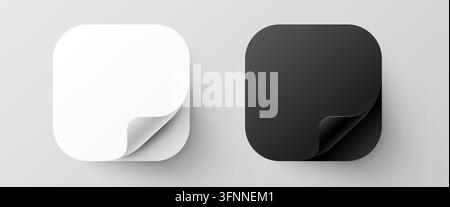 Black and white square paper stickers with curled corner for web design and branding. Vector illustration. Stock Vector