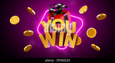 You Win golden 3D text with gift box and flying coins for jackpot or casino game. Vector illustration Stock Vector