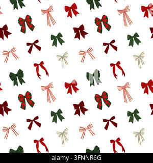 Christmas bow seamless pattern with red green plaid ribbons on white background for holiday design Stock Vector