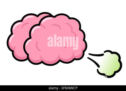 "Brain fart", stupid idea cartoon drawing. Human brain farting, funny vector illustration. Stock Vector
