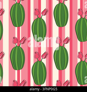 Seamless pattern with cacti, blooming succulent on color background. Vector hand drawn illustration for packaging, fabric, textile. Wild west cactus Stock Vector