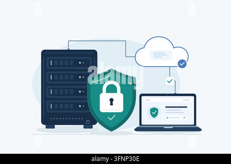 A green shield and padlock stand guard beside a server cabinet, a verified cloud service, and a laptop, representing layered cybersecurity and cloud Stock Vector