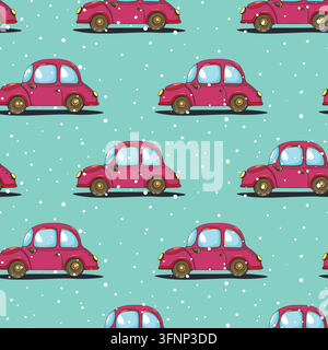 Seamless pattern with cute cars on color background. Cartoot transport. Vector illustration. Doodle style. Design for baby print, invitation, poster Stock Vector