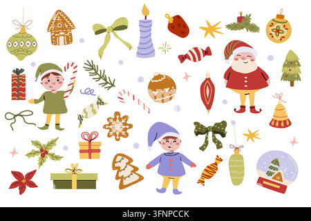 Whimsical christmas cute characters and elements set. Fairy elves, ornaments, cookies and gift boxes, bows and sweets. Hand drawn vector illustration Stock Vector