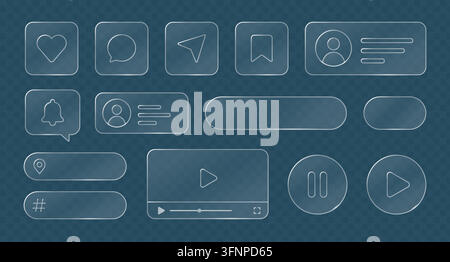 Glassmorphism social media UI elements. Transparent interface frames and buttons Stock Vector