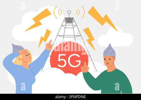 People in foil hats reacting to a 5G cell tower with warning bolts and wireless waves, depicting fear, misinformation, paranoia, and conspiracy culture isolated on white background vector illustration Stock Vector