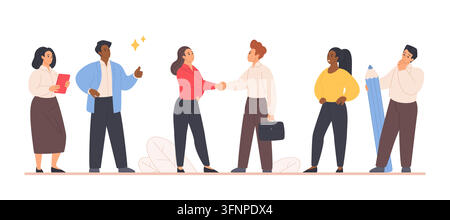 Business people discussing ideas, shaking hands after agreement, holding documents and pencil in a teamwork scene about contract, meeting, collaboration and office partnership vector illustration Stock Vector