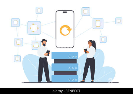 Mobile decentralized application server concept with blockchain style network, cloud database, connected microchips, smartphone sync icon, and users managing digital infrastructure vector illustration Stock Vector