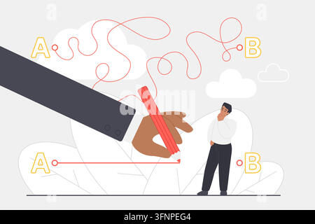 Businessman thinking beside a hand drawing a direct route from A to B, showing shortcut choice, problem solving, navigation and efficiency concept on gray background vector illustration Stock Vector