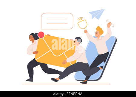 Business team carries giant email envelope near smartphone, chat bubble, notification bell and paper plane for digital communication, newsletter campaign, online messaging vector illustration Stock Vector