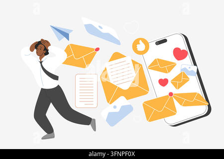Stressed black office worker faces email overload with spam messages, envelopes and smartphone notifications, showing inbox pressure, digital communication stress and distraction vector illustration Stock Vector