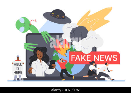 Laptop screen shows fake news panic with alien, asteroid, fire, globe and frightened people spreading conspiracy chaos across media and society isolated on white background vector illustration Stock Vector