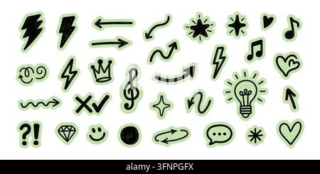 Doodle sticker elements collection. Hand drawn arrows, hearts, stars, lightning, music and creative symbols Stock Vector