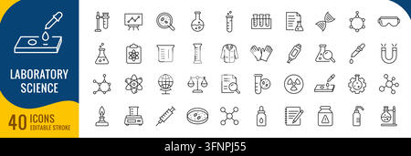 Laboratory science icon set with research equipment and scientific symbols, line editable stroke Stock Vector