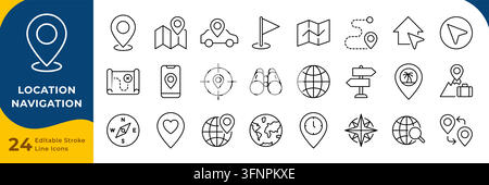 Location navigation icon set with map pins, directions, compass and travel symbols, line editable stroke Stock Vector
