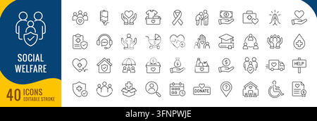 Social welfare community support charity donation healthcare assistance icon set, line editable stroke Stock Vector