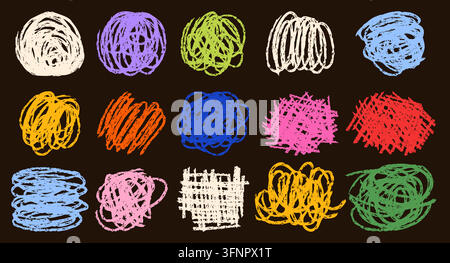 Collection of colorful hand drawn doodle scribbles, rough crayon squiggles, abstract geometric shapes, childish sketch marks on dark background, playful texture set, modern vector illustration Stock Vector