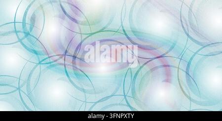 An abstract digital artwork featuring a textured light blue, green, and purple background with intersecting circular swirl patterns and glowing highli Stock Photo