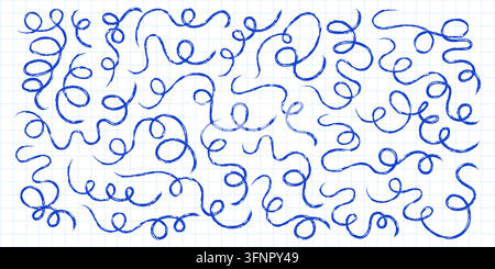 Collection of blue pen doodle squiggles, curly wavy lines on subtle grid notebook paper, hand drawn rough strokes, abstract note elements, grid paper background vector illustration Stock Vector