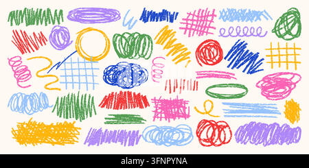 Collection of colorful pencil lines, scribbles, circles, grids, swirls, rough strokes, hand drawn abstract doodle elements, isolated on white background vector illustration Stock Vector