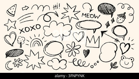 Collection of hand drawn doodle elements with speech bubbles, hearts, stars, arrows, rainbow, crown, flower, cat face, and playful text in sketch style vector illustration Stock Vector