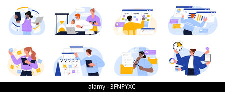 Project managers collection with office workers planning tasks, schedules, deadlines and teamwork scenes in flat style, isolated on white background vector illustration Stock Vector