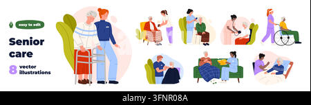 Collection of caregivers assisting elderly people with walking, checkups, companionship, wheelchair support, reading, feeding, and home care scenes in a flat healthcare vector illustration Stock Vector