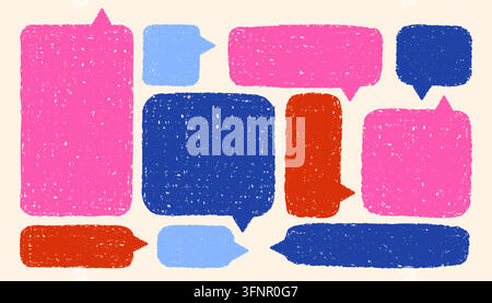 Colorful grunge speech bubble set in pink, blue and red. Rounded chat box shapes with grainy print texture for comic, sticker or poster design isolated on white background vector illustration Stock Vector
