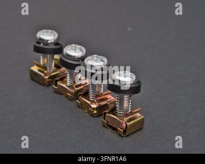 Four Metal Screws and Cage Nuts - Four shiny metal screws with black washers and gold-colored cage nuts are neatly arranged in a row on a dark backgro Stock Photo