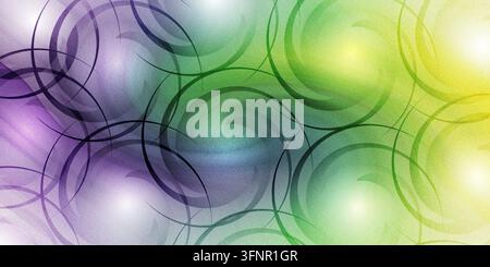 A vibrant abstract background featuring overlapping swirling lines and bright light orbs, blending purple, green, and yellow hues with a textured fini Stock Photo