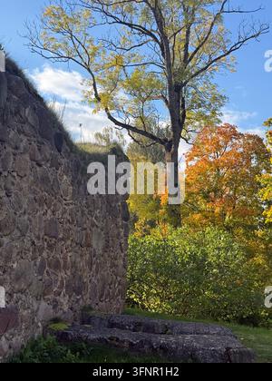 Vertical View of an Ancient Stone Ruin Wall and Colorful Trees Stock Photo