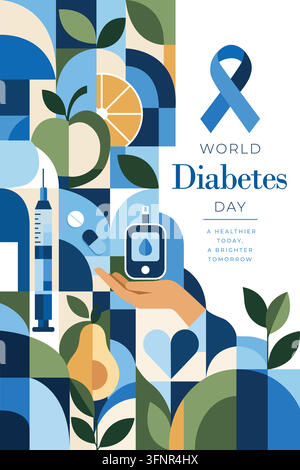 World Diabetes Day Vector Poster with Blue Awareness Ribbon, Glucose Meter, Hand, and Geometric Design, Promoting Diabetes Awareness, Blood Sugar Moni Stock Vector