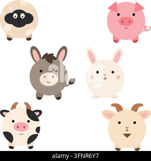 Cute Round Farm Animals Set Stock Vector