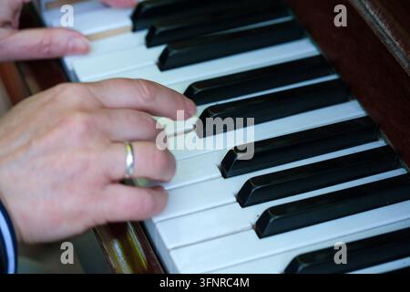 Close detail shows fingers pressing piano keys beside polished wood and contrasting black keys. Stock Photo