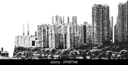 Chongqing, China: residential high-rise towers above green hillside as a grayscale three-tone vector illustration, drawn from the author's own photogr Stock Vector
