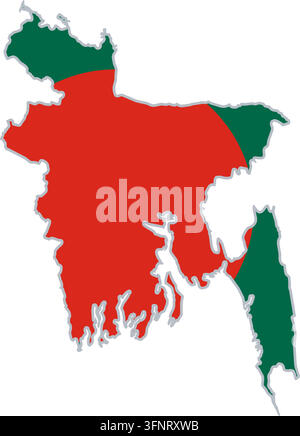 Map of Bangladesh (Bangladesch) filled with the national flag in official colours. Country silhouette from public-domain Natural Earth data, vector il Stock Vector