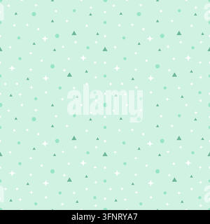 Pastel mint green geometric pattern background with sparkles, triangles, hexagons and squares. Cute minimal design for wallpaper, textile, wrapping pa Stock Vector