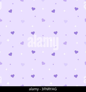Cute seamless pattern featuring purple hearts, white sparkles and small dots on a soft lavender background. Perfect for romantic stationery, wrapping Stock Vector