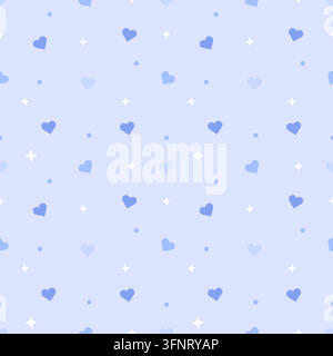 Soft seamless pattern with blue hearts, white sparkles and small dots on a pastel blue background. A cute repeating design for wrapping paper, fabric, Stock Vector