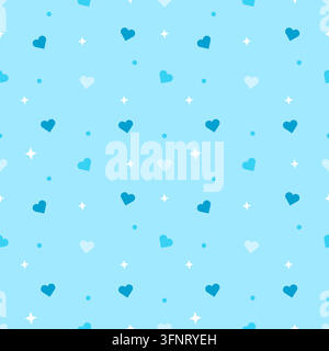Bright seamless pattern featuring blue hearts, white sparkles and small dots on a cheerful sky blue background. Ideal for wrapping paper, fabric, wall Stock Vector