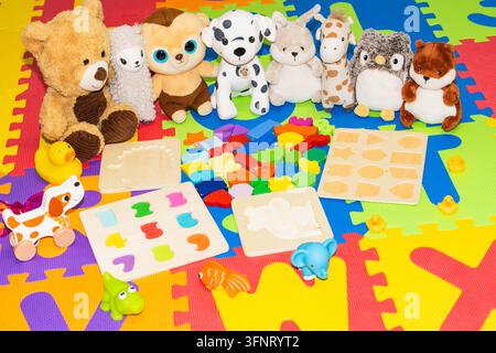 Row of cute plush soft toys and educational wooden puzzle blocks scattered on bright colorful foam play mat inside children room Stock Photo