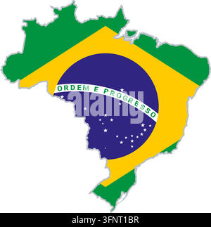 Map of Brazil (Brasilien) filled with the national flag in official colours. Country silhouette from public-domain Natural Earth data, vector illustra Stock Vector