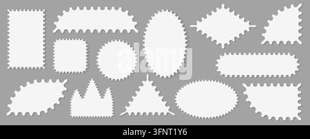 Pack of scalloped white postage frames isolated. Outline border template. Simple minimalist label text box. Blank scallop edge stamp mockup. Vector il Stock Vector