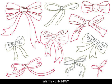 Set of red and green festive gift bows and ribbons in a color contour style. Cute hand-drawn illustration, perfect for Christmas design Stock Vector